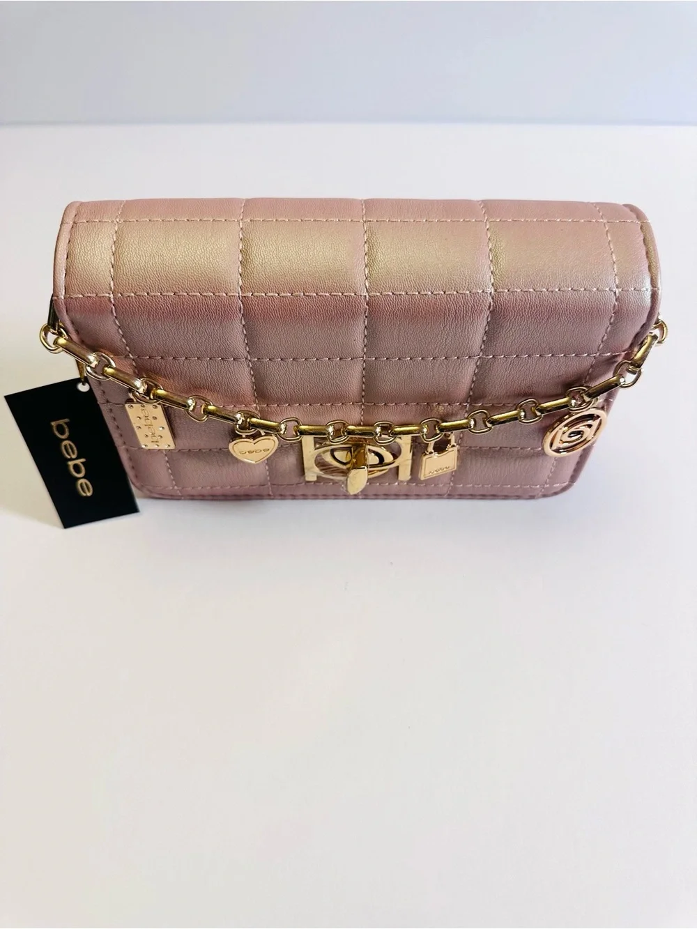 NWT BEBE Jacari Iridescent Mauve Quilted Charm Crossbody Bag ✨